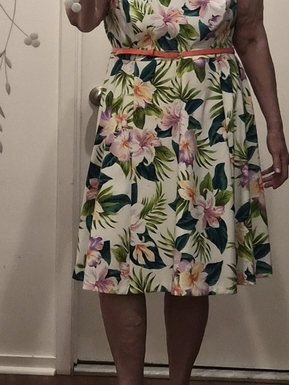 Dress Barn Cream Midi Dress with Pink, Coral & Green Tropical Print